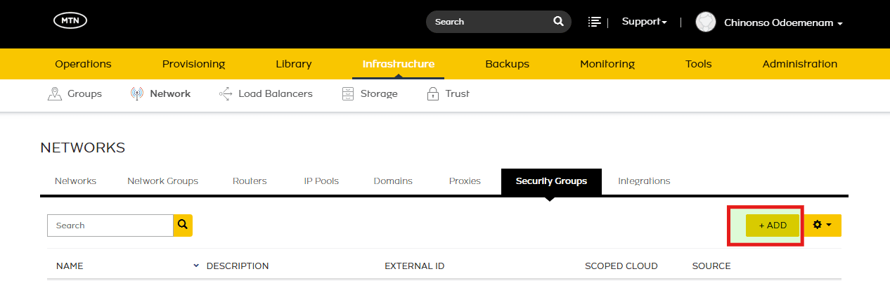 Click the +Add button on the Security Groups tab