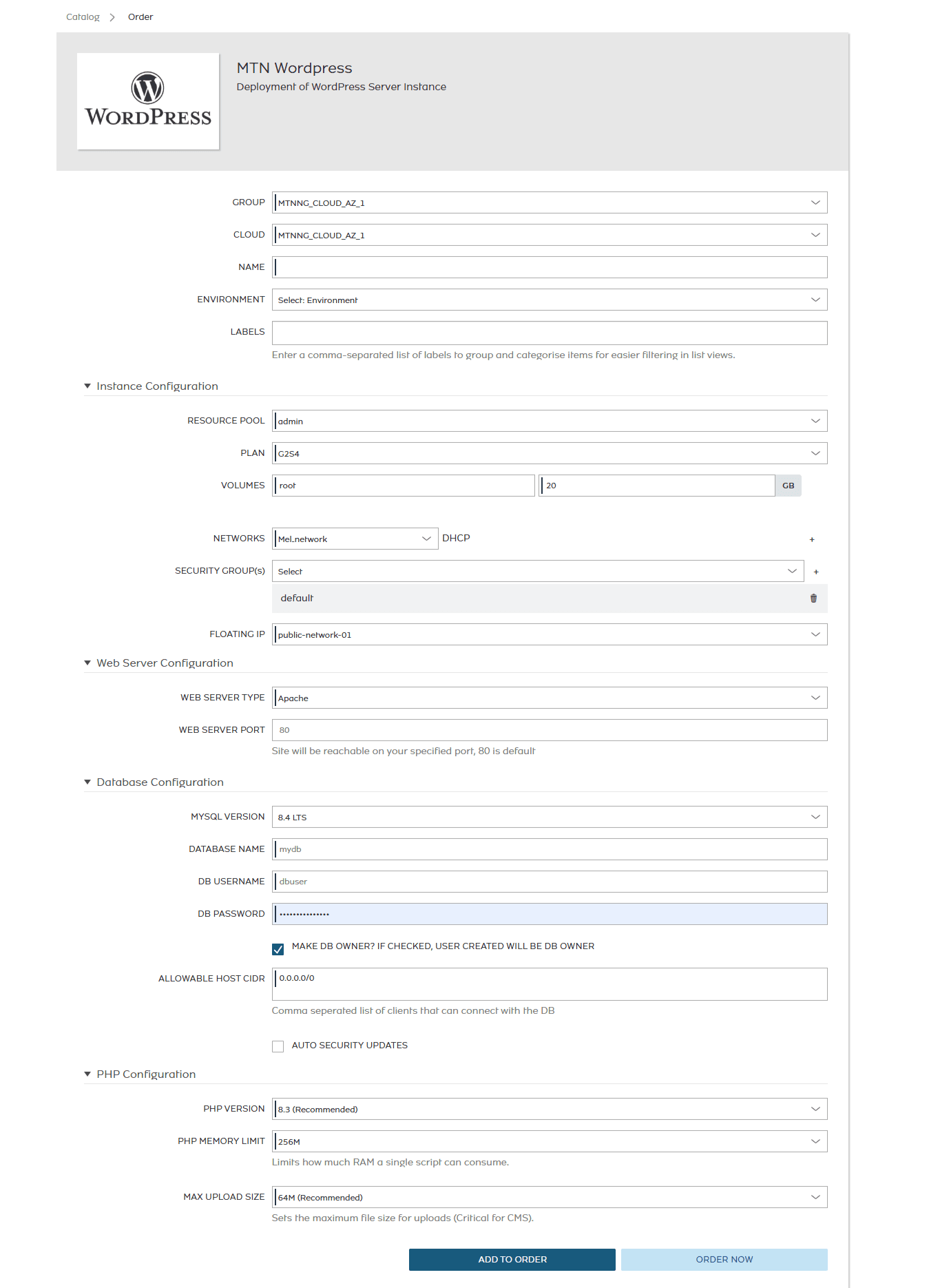 The MTN Wordpress order form