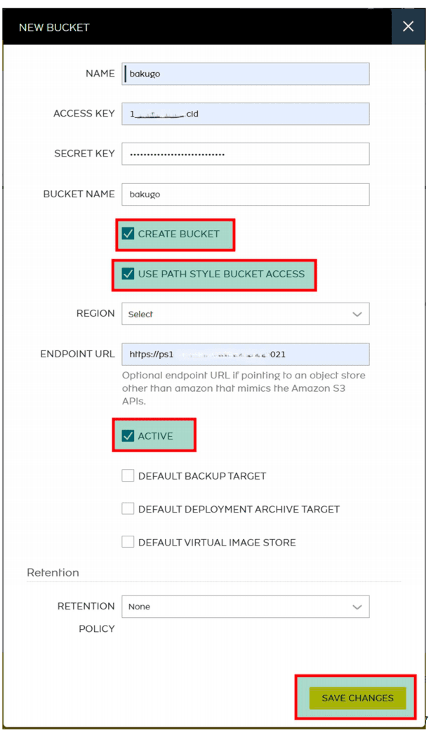 Bucket Configuration Dialog
