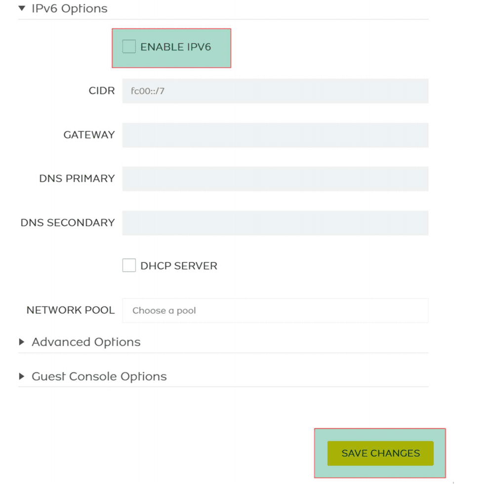 IPv6 Options and Save Changes