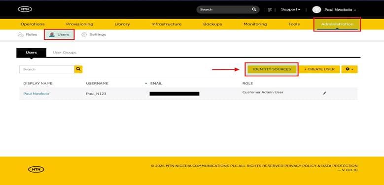 Identity Sources tab in MTN Cloud