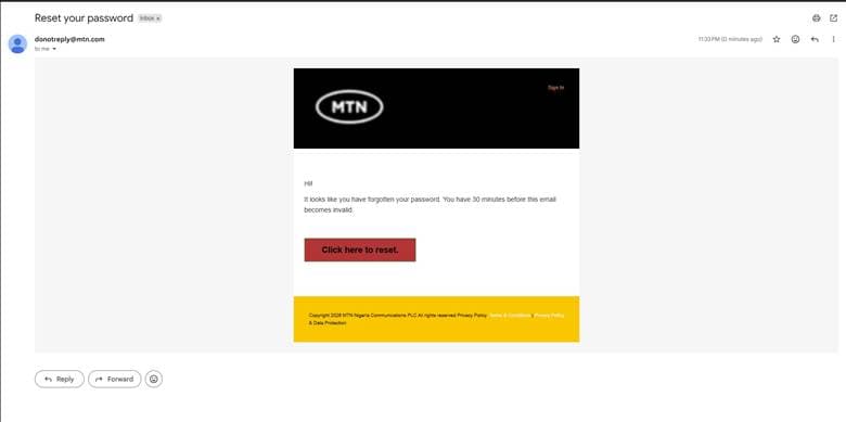 Password reset email notification